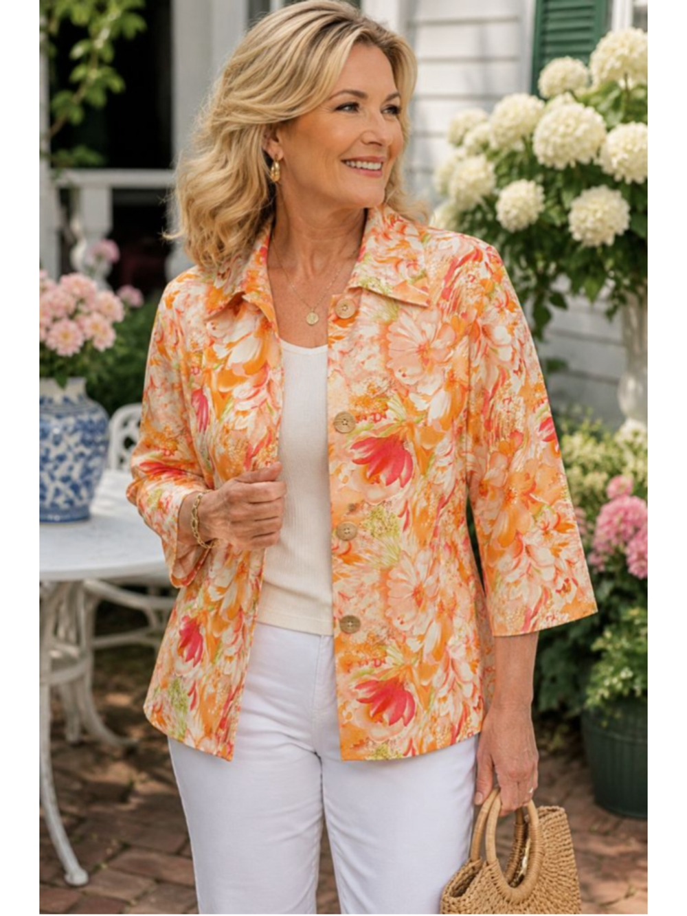 Coldwater Creek 1X Garden Floral Jacket Peach Coral Cotton Stretch Blazer Plus
